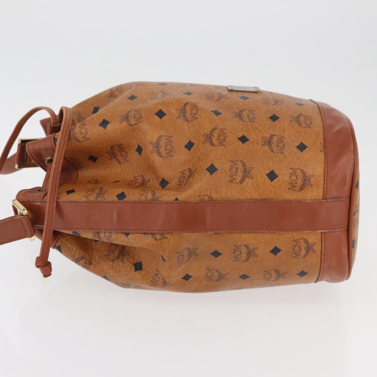 MCM Vicetos Logogram Drawstring Bag Bag PVC Leather Brown Gold Auth BA12441A
