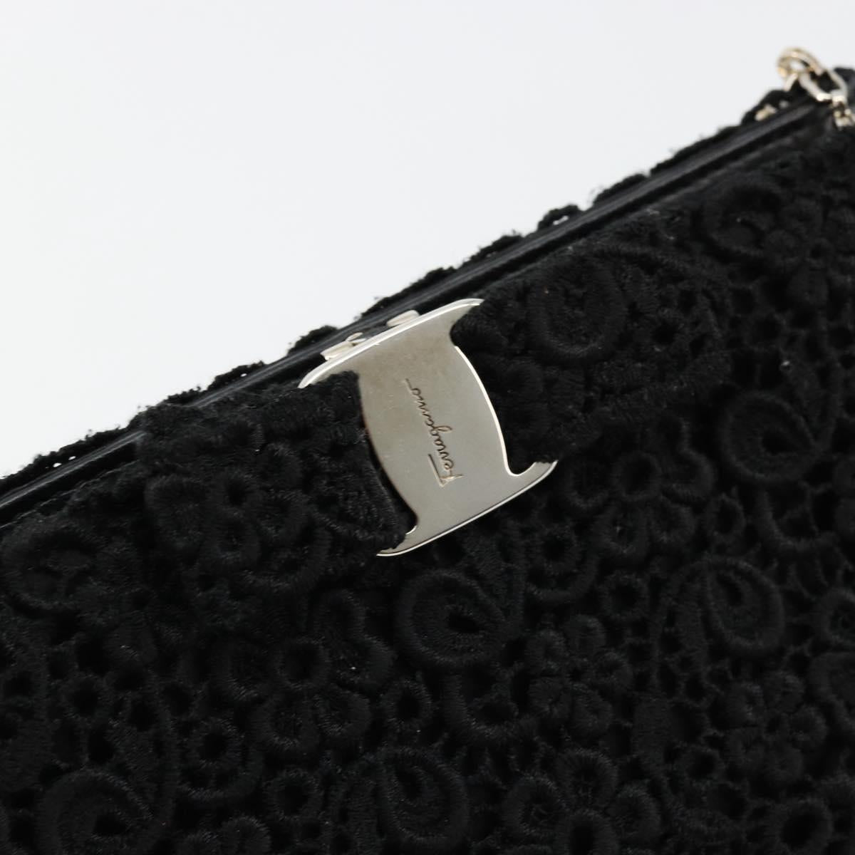 Salvatore Ferragamo Vara ribbon Chain Hand Bag Canvas Black Silver Auth BA12444A