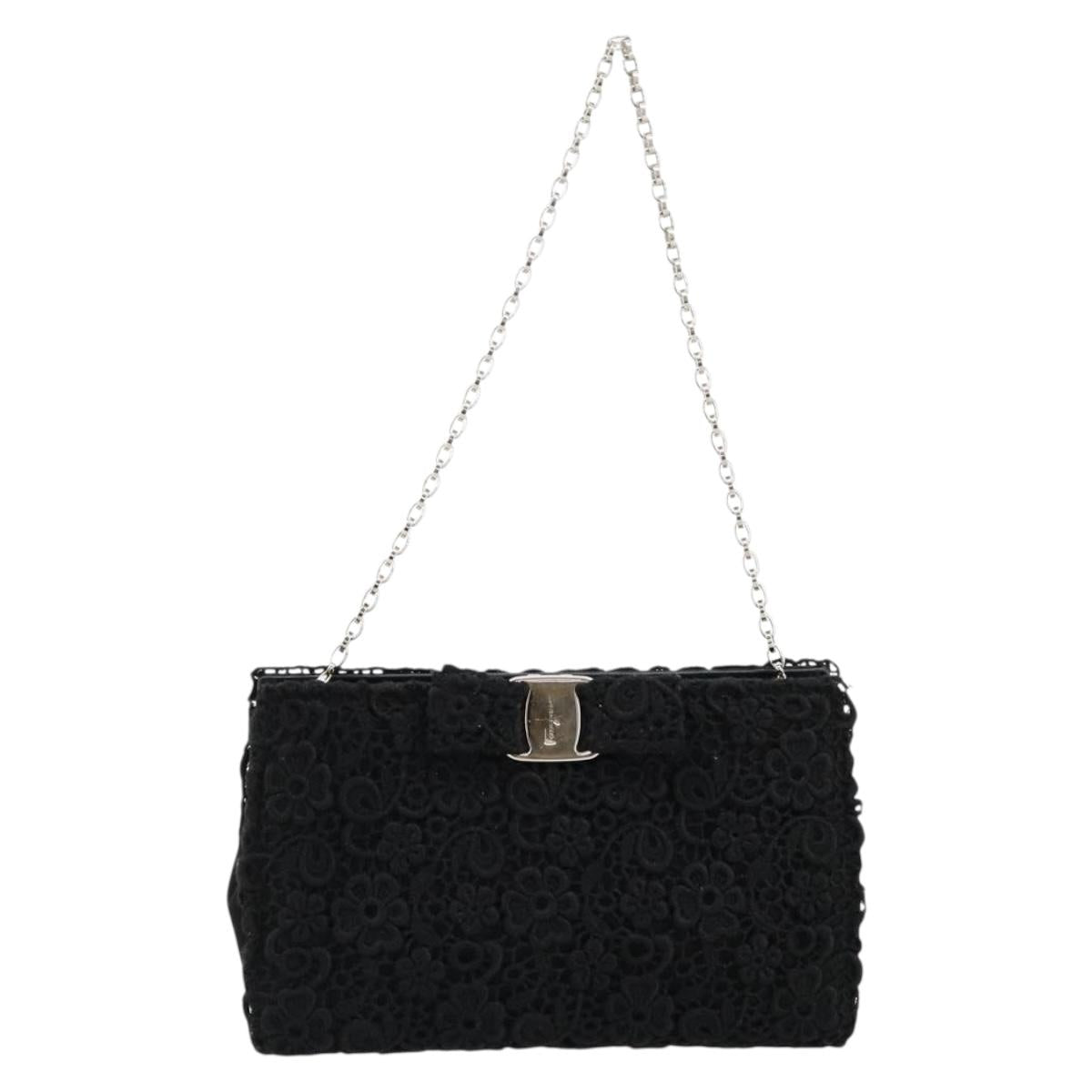 Salvatore Ferragamo Vara ribbon Chain Hand Bag Canvas Black Silver Auth BA12444A