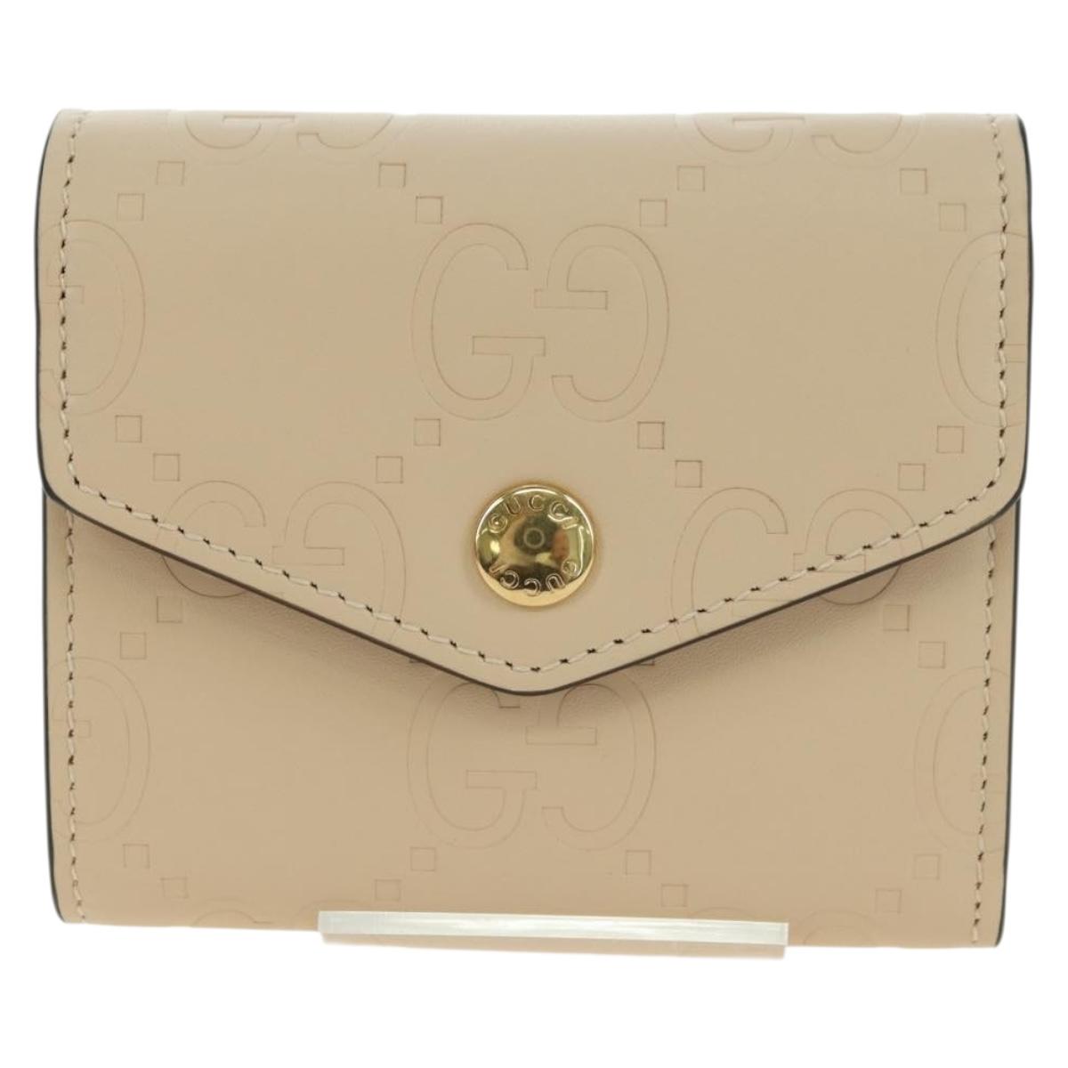 GUCCI GG Canvas Trifold Wallet Leather Beige Gold 772793 Auth BA12477M