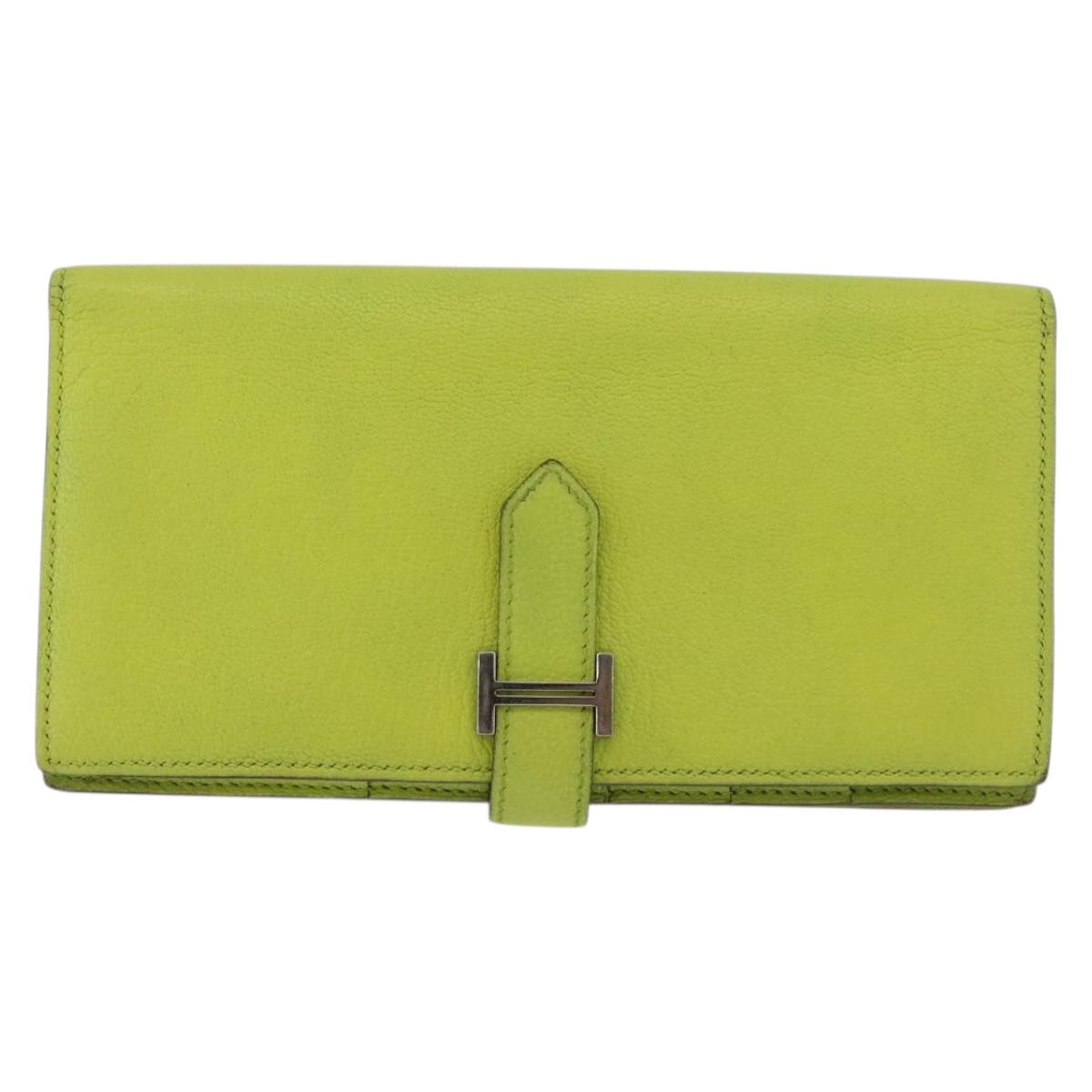 HERMES Bearn Soufflet Wallet Leather Green Auth BA12491A