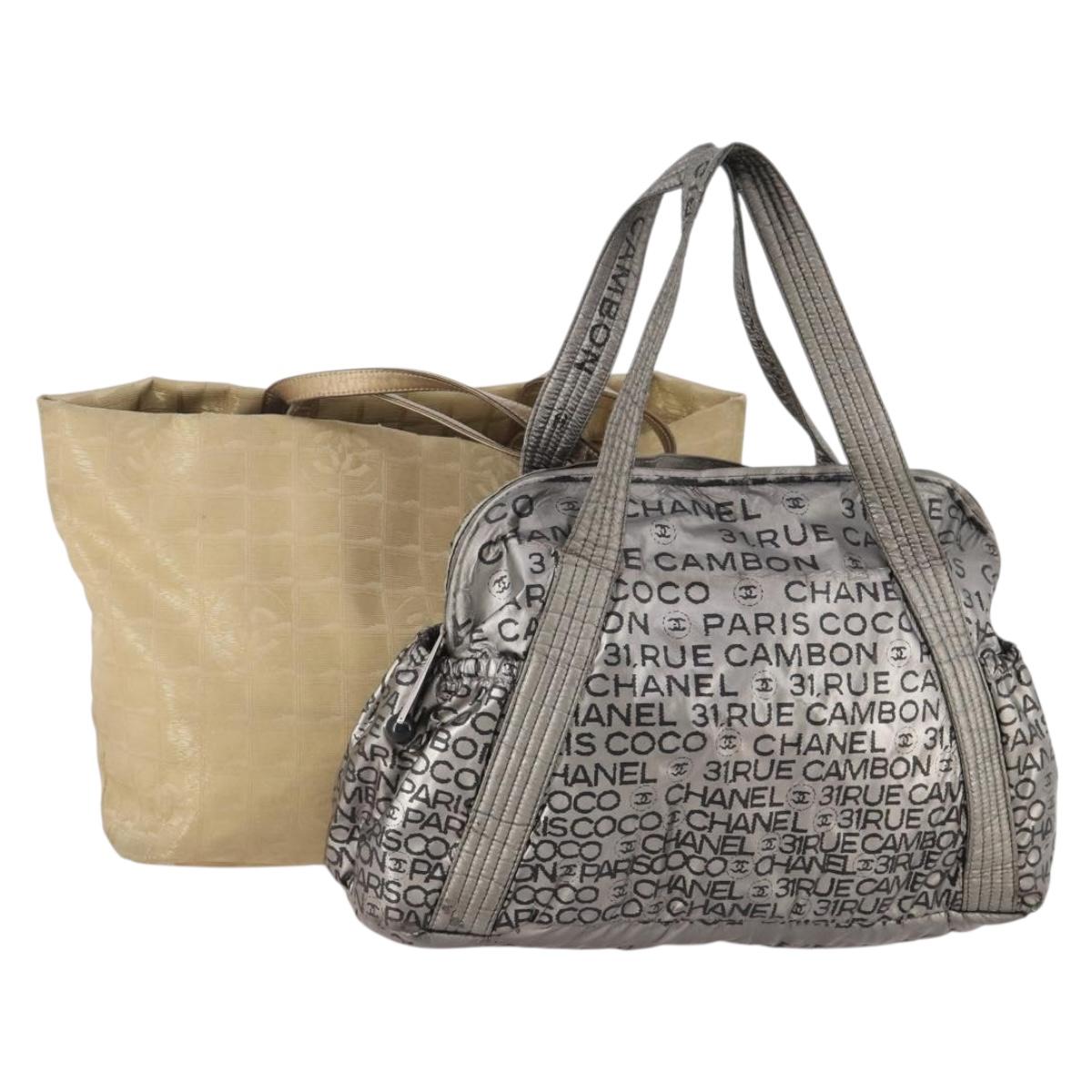 CHANEL Tote Bag Nylon 2 Set Silver Beige CC Auth BA12495