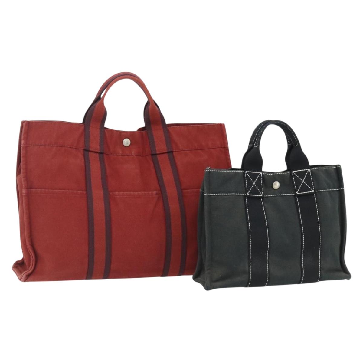 HERMES Fourre Tout Hand Bag Cotton 2 Set Red Green Auth BA12496