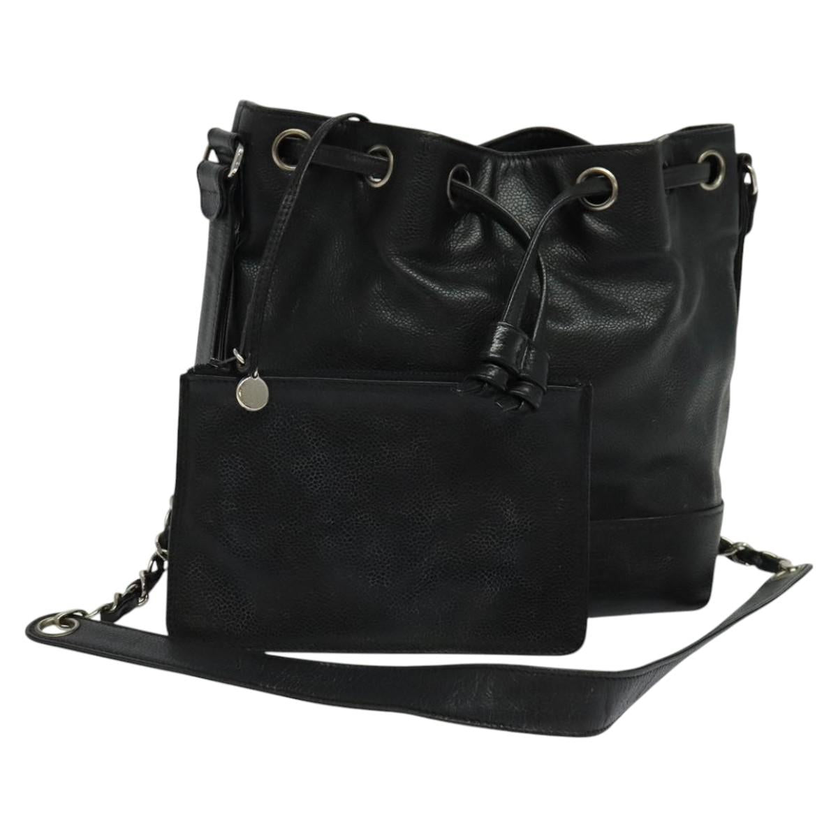 CHANEL Shoulder Bag Caviar Skin Black Silver CC Auth BA125