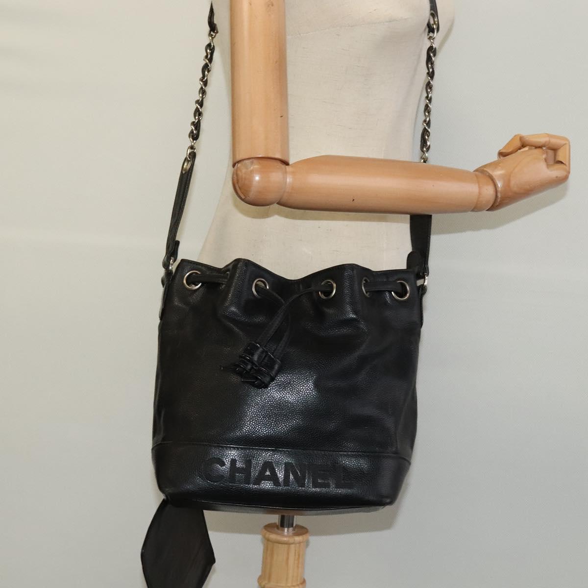 CHANEL Shoulder Bag Caviar Skin Black Silver CC Auth BA125