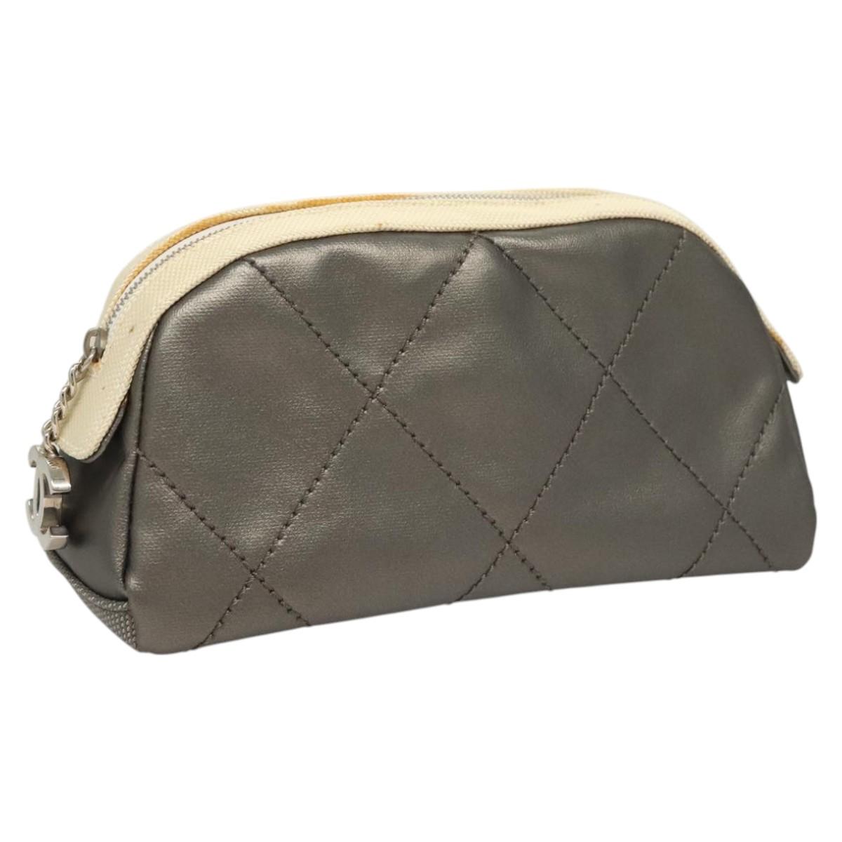 CHANEL Bicolore Pouch PVC Leather Gray CC Auth BA1250