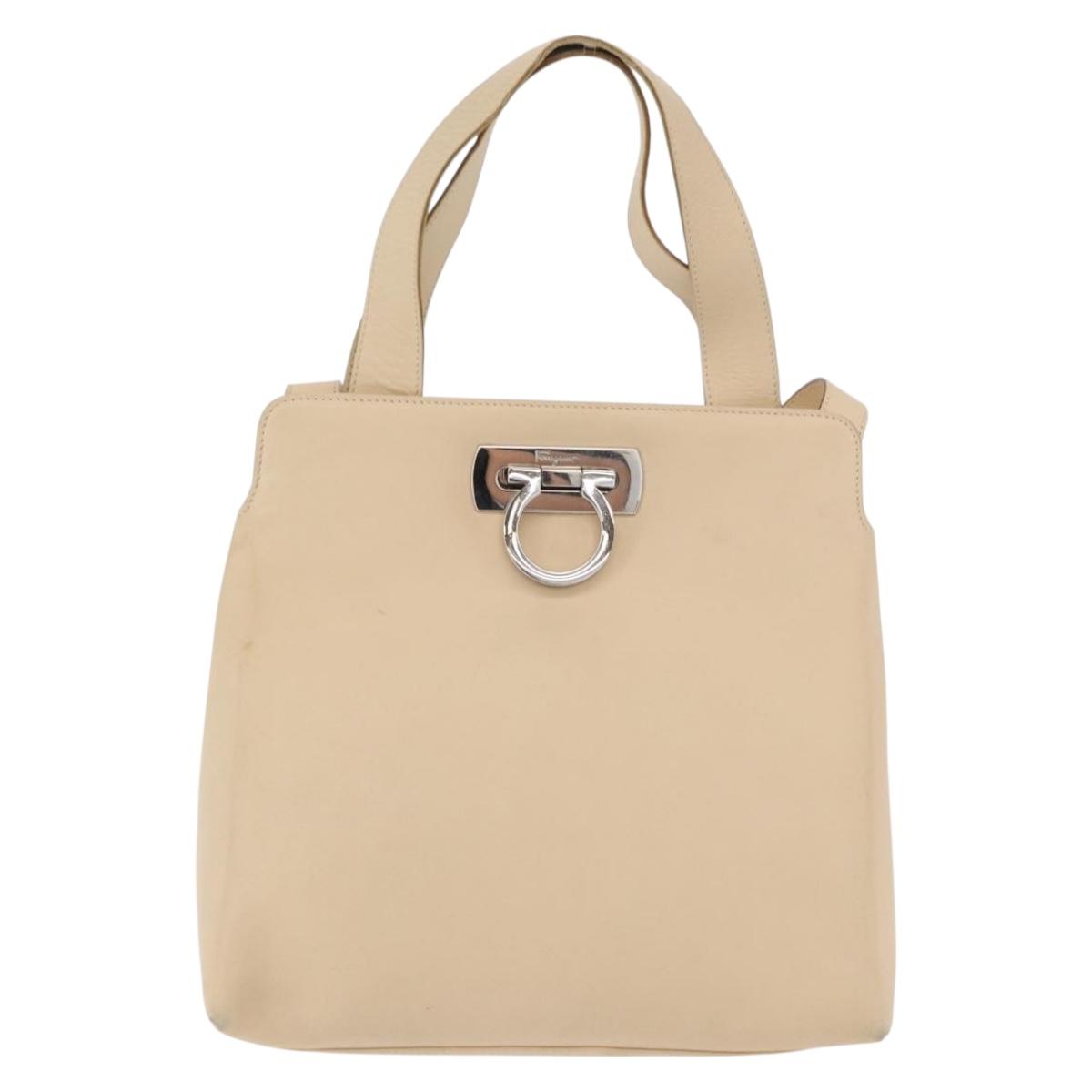 Salvatore Ferragamo Gancini Hand Bag Leather 2way Beige Silver Auth BA12510