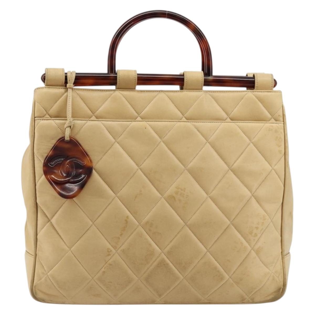 CHANEL Matelasse Hand Bag Lamb Skin Beige CC Auth BA12511