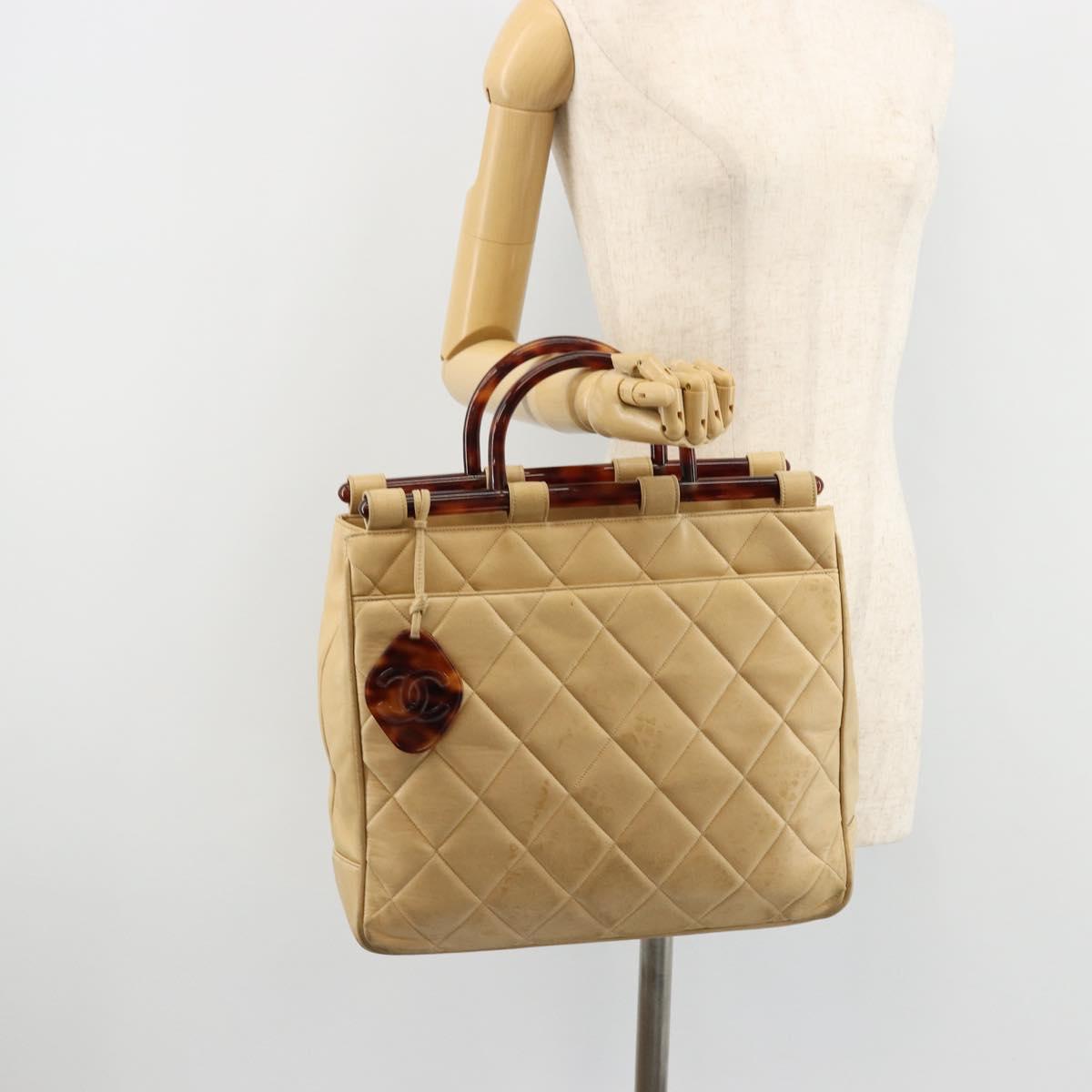 CHANEL Matelasse Hand Bag Lamb Skin Beige CC Auth BA12511