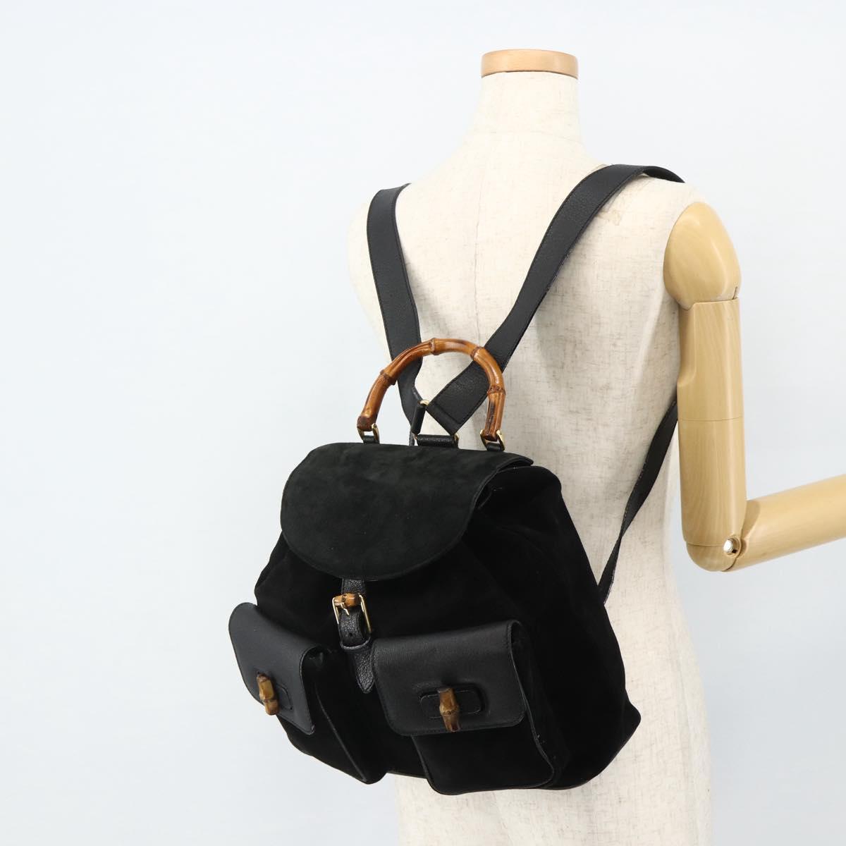GUCCI Bamboo Backpack Suede Leather Black Gold Auth BA12515