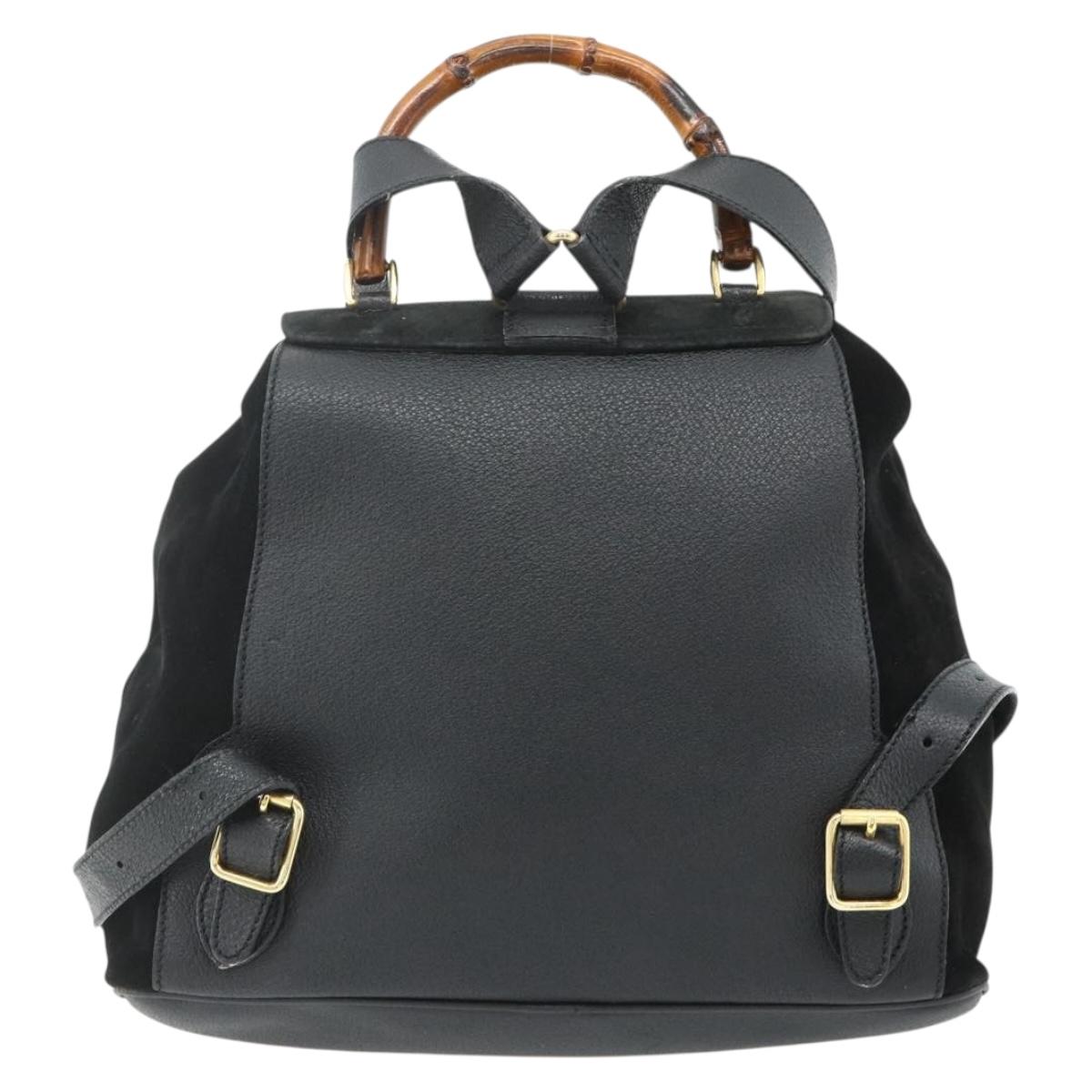GUCCI Bamboo Backpack Suede Leather Black Gold Auth BA12515