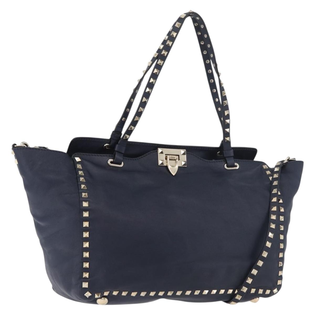 VALENTINO Tote Bag Leather 2way Navy Gold Auth BA12517A
