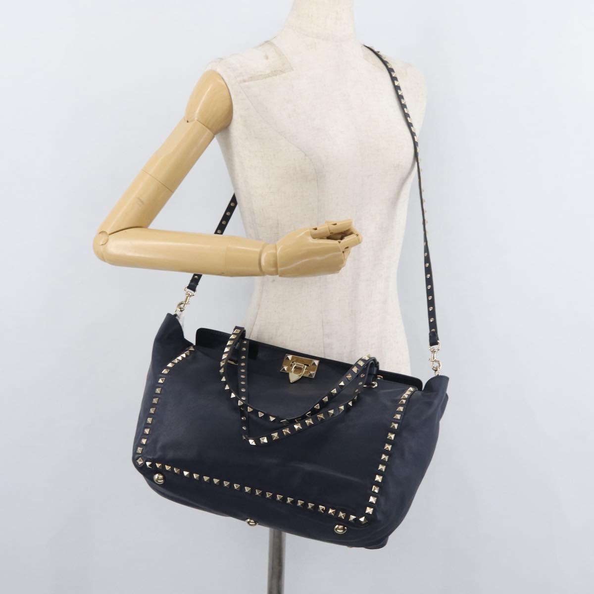 VALENTINO Tote Bag Leather 2way Navy Gold Auth BA12517A