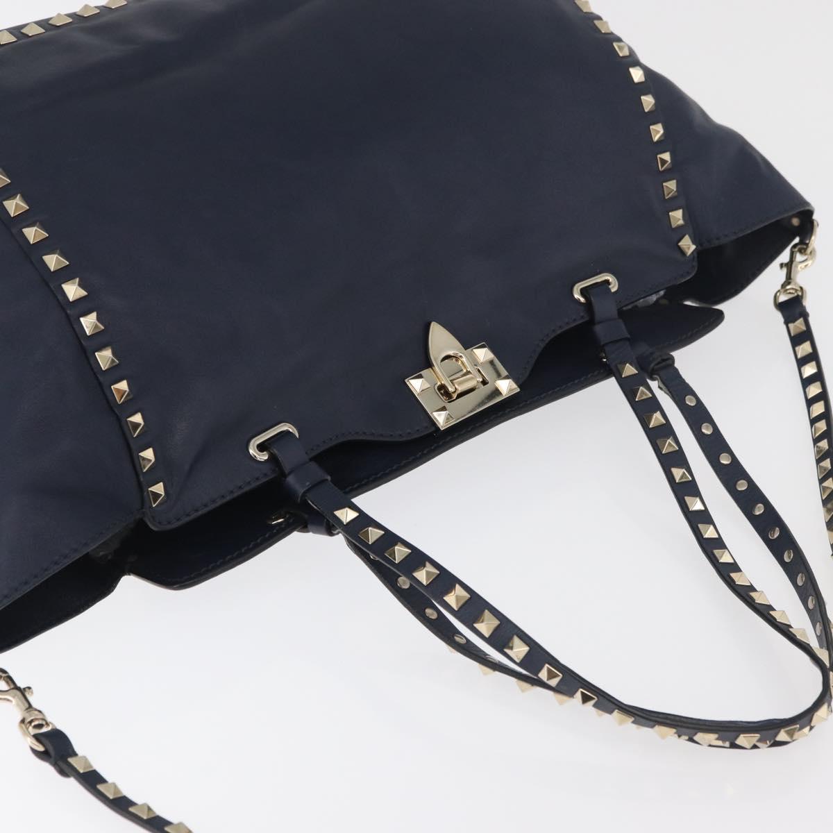 VALENTINO Tote Bag Leather 2way Navy Gold Auth BA12517A