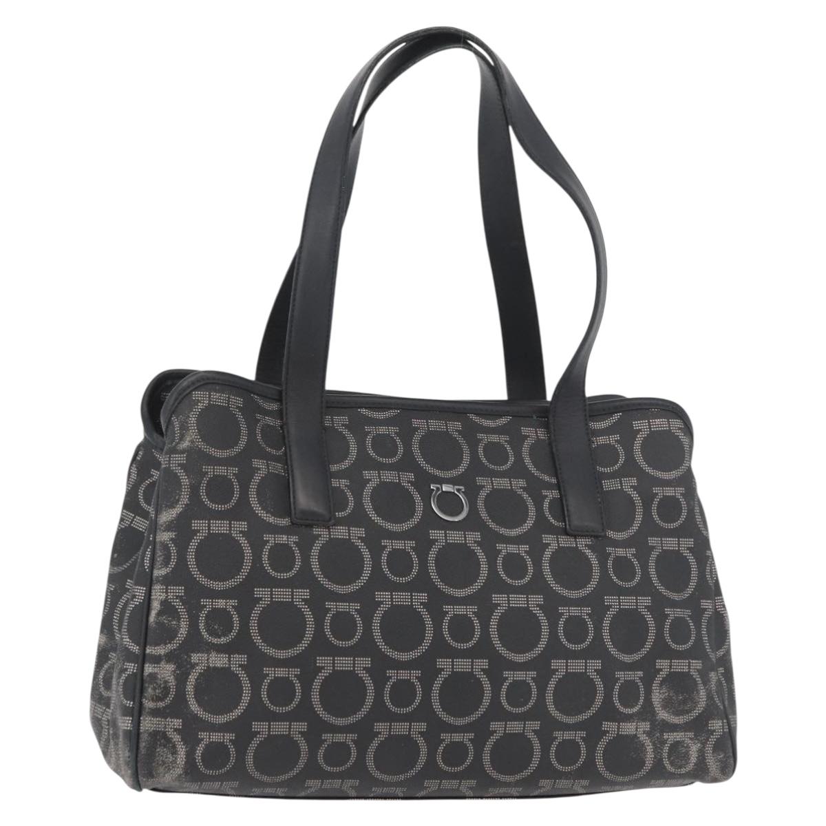 Salvatore Ferragamo Gancini Hand Bag PVC Leather Black Silver Auth BA12524