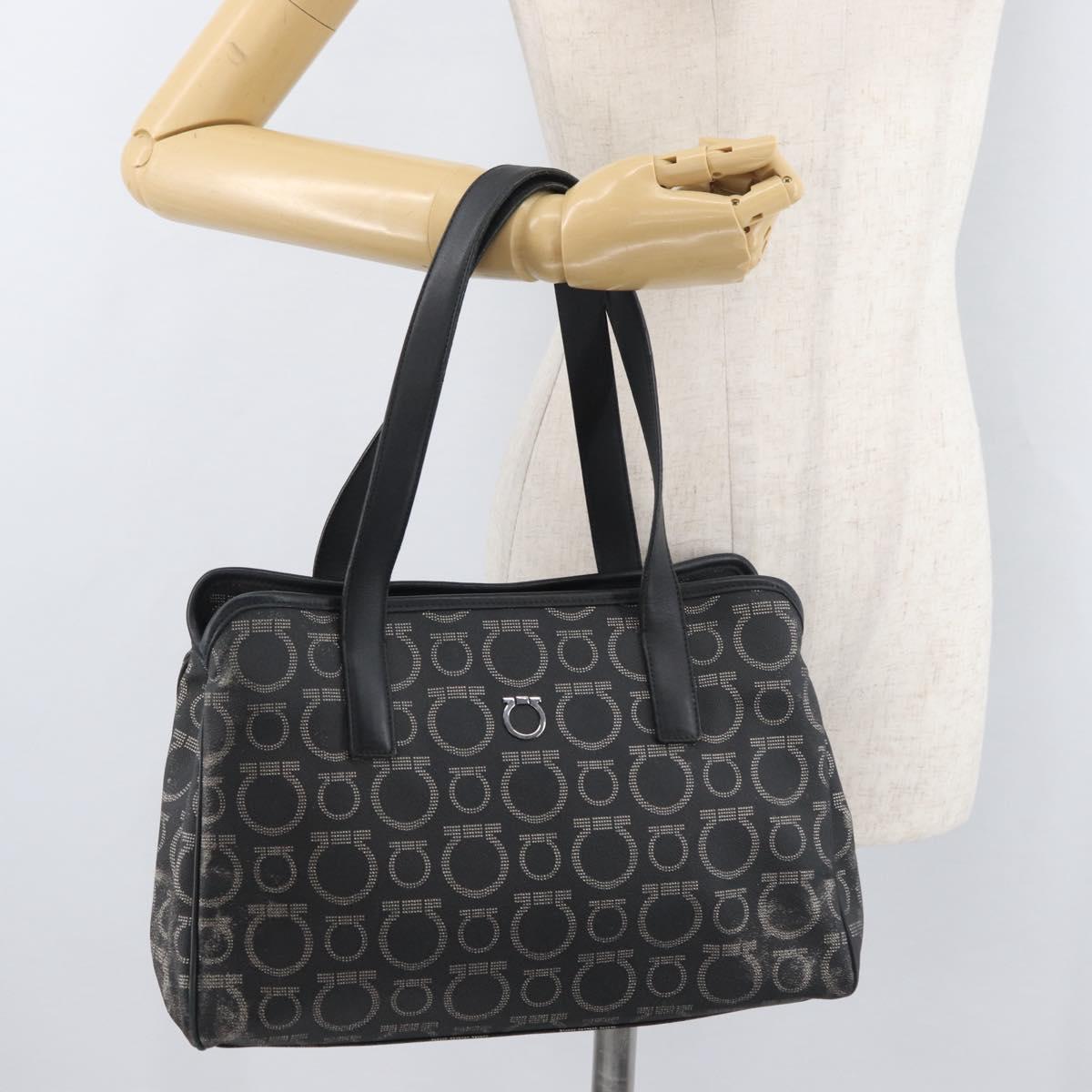 Salvatore Ferragamo Gancini Hand Bag PVC Leather Black Silver Auth BA12524