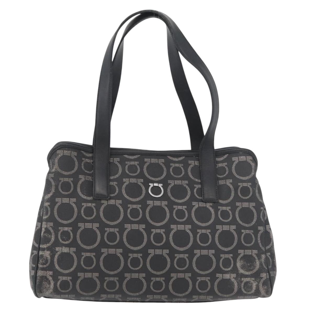 Salvatore Ferragamo Gancini Hand Bag PVC Leather Black Silver Auth BA12524