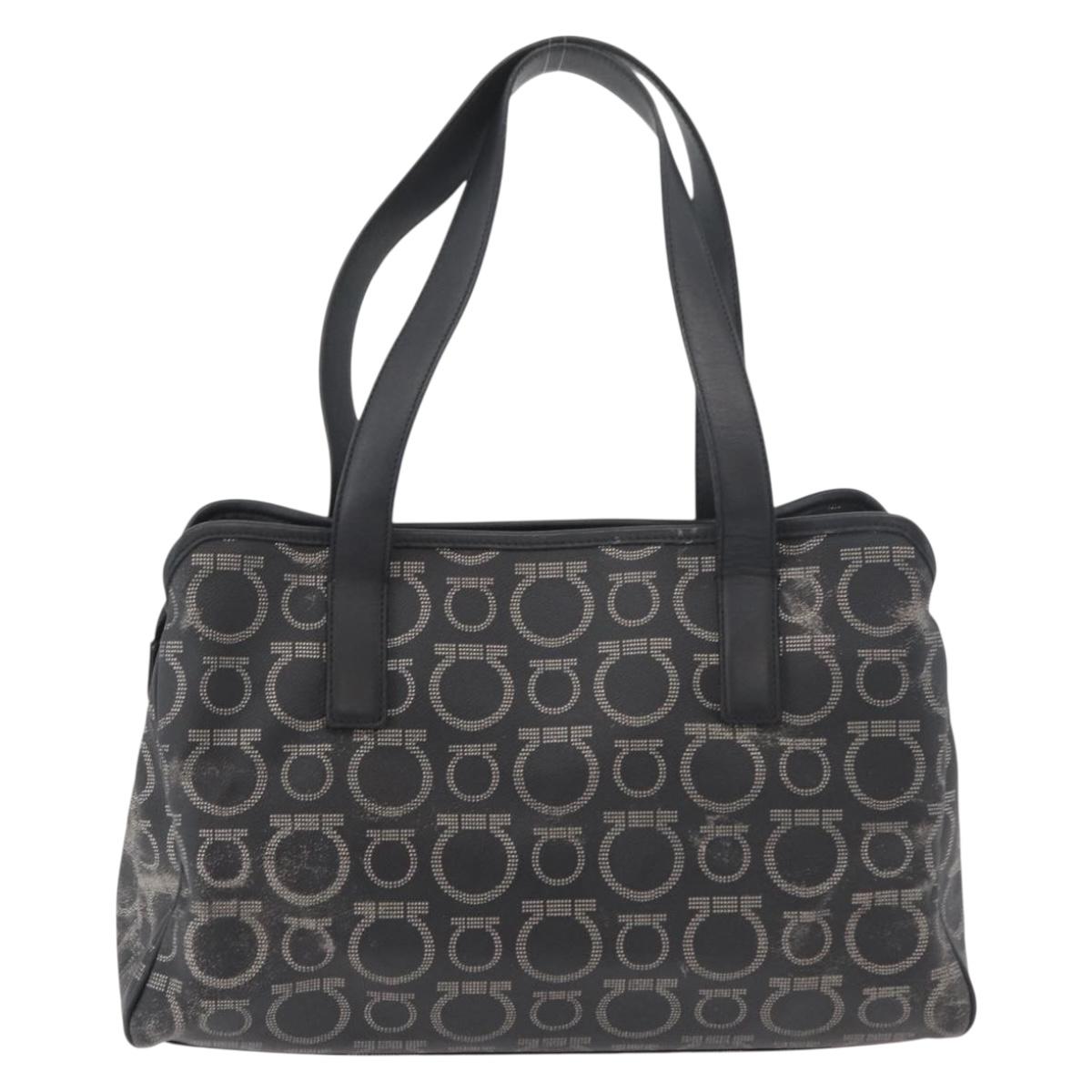 Salvatore Ferragamo Gancini Hand Bag PVC Leather Black Silver Auth BA12524