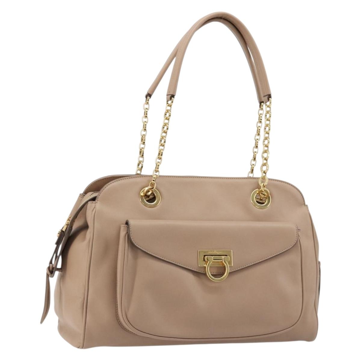 Salvatore Ferragamo Gancini Chain Tote Bag Leather Pink Gold Auth BA12546A