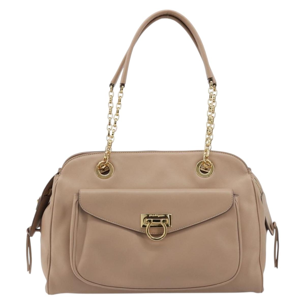 Salvatore Ferragamo Gancini Chain Tote Bag Leather Pink Gold Auth BA12546A