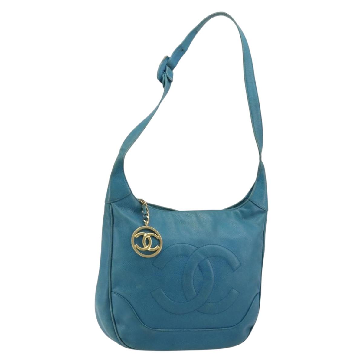 CHANEL Shoulder Bag Caviar Skin Blue Gold CC Auth BA12548A