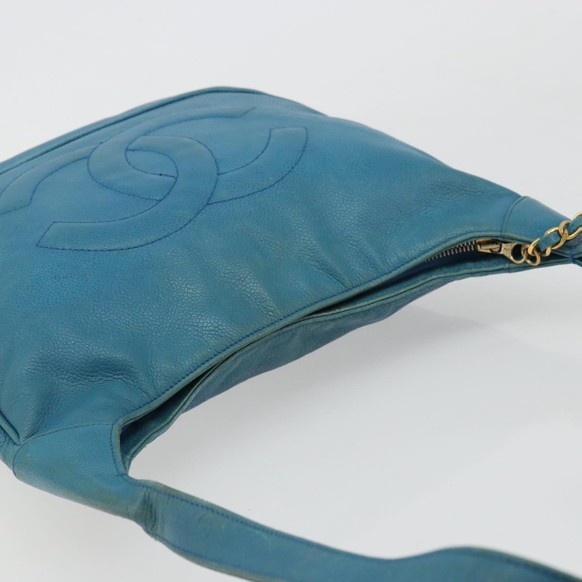 CHANEL Shoulder Bag Caviar Skin Blue Gold CC Auth BA12548A