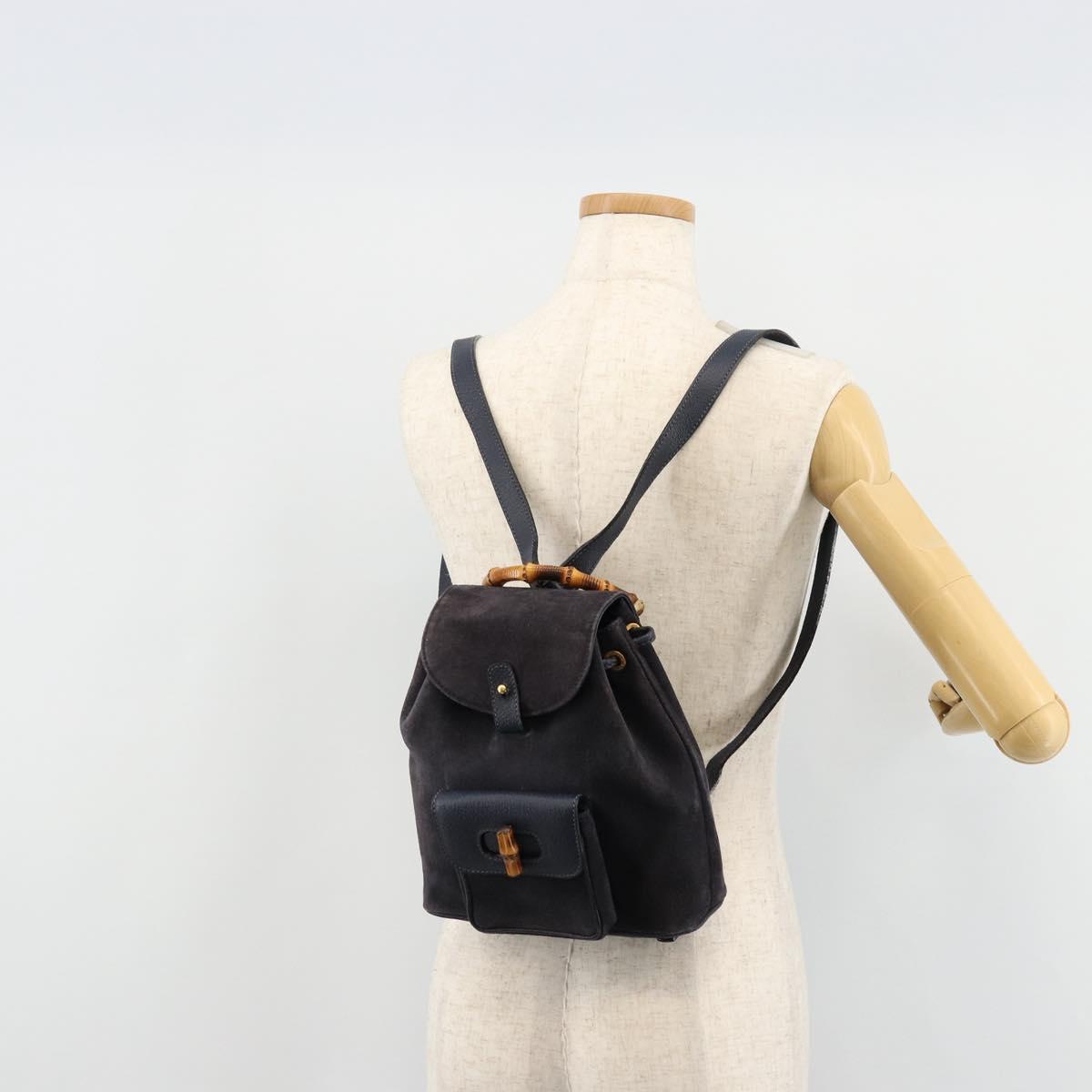 GUCCI Bamboo Backpack Suede Navy Gold 003 2034 0030 Auth BA12560