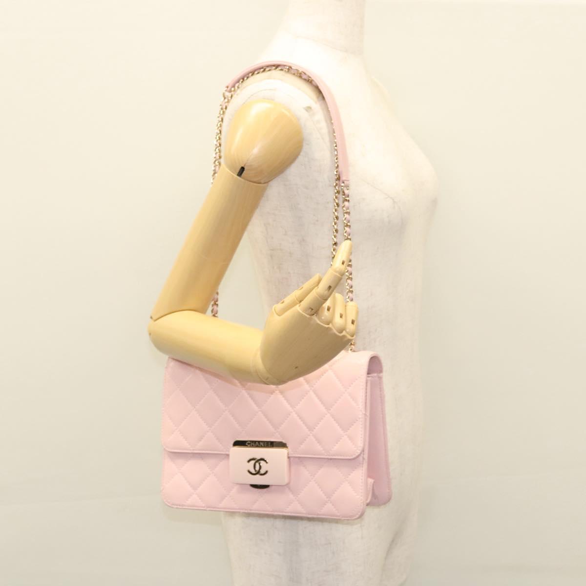 CHANEL Matelasse25 Single Flap Chain Shoulder Bag Lamb Skin Pink CC Auth BA1256AM