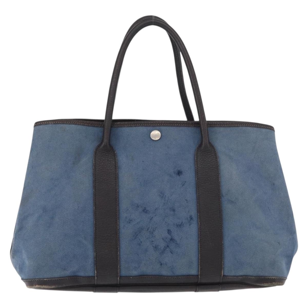 HERMES Garden Party PM Hand Bag Canvas Blue Silver Auth BA12580