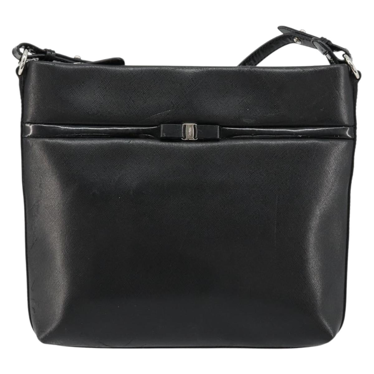 Salvatore Ferragamo Vara Ribbon Shoulder Bag Leather Silver Black Auth BA12583