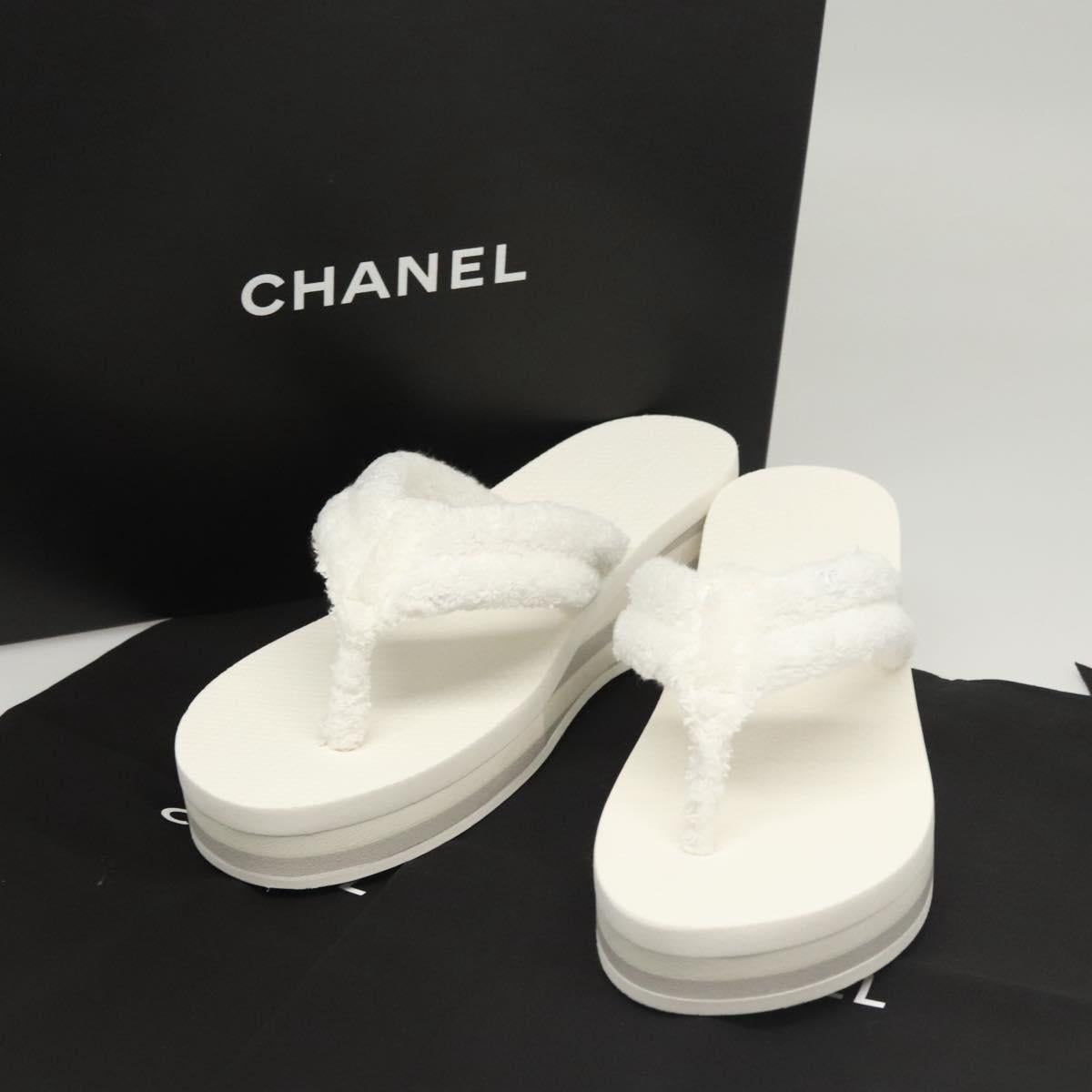 CHANEL Beach Sandals Cotton 39C White CC Auth BA1259SM