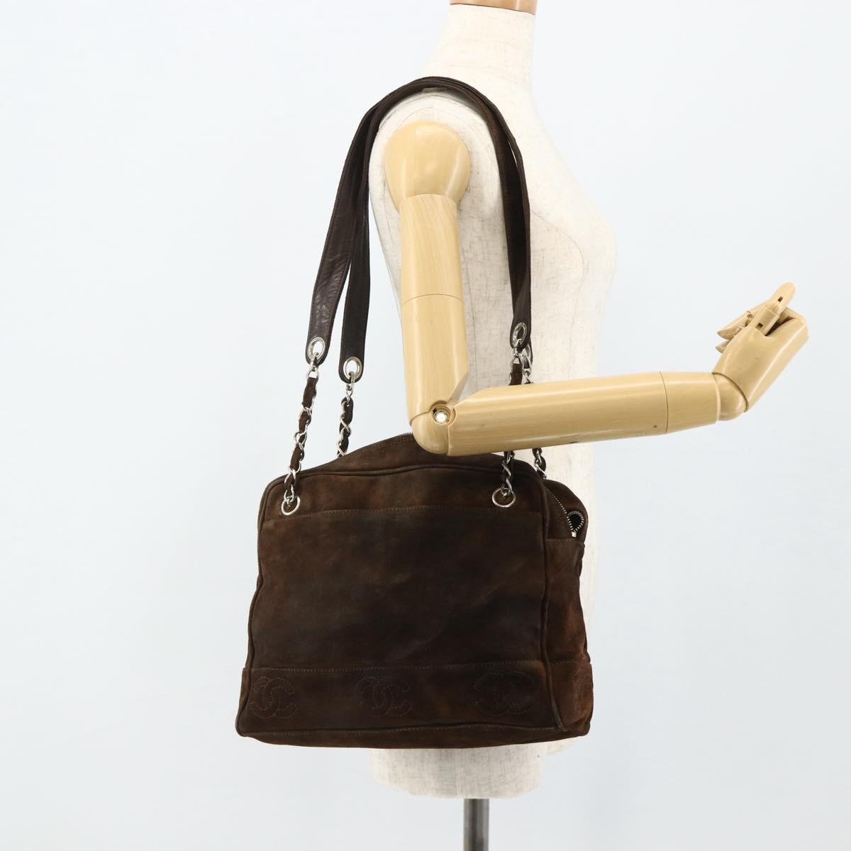 CHANEL Chain Shoulder Bag Suede Brown Silver CC Auth BA12605