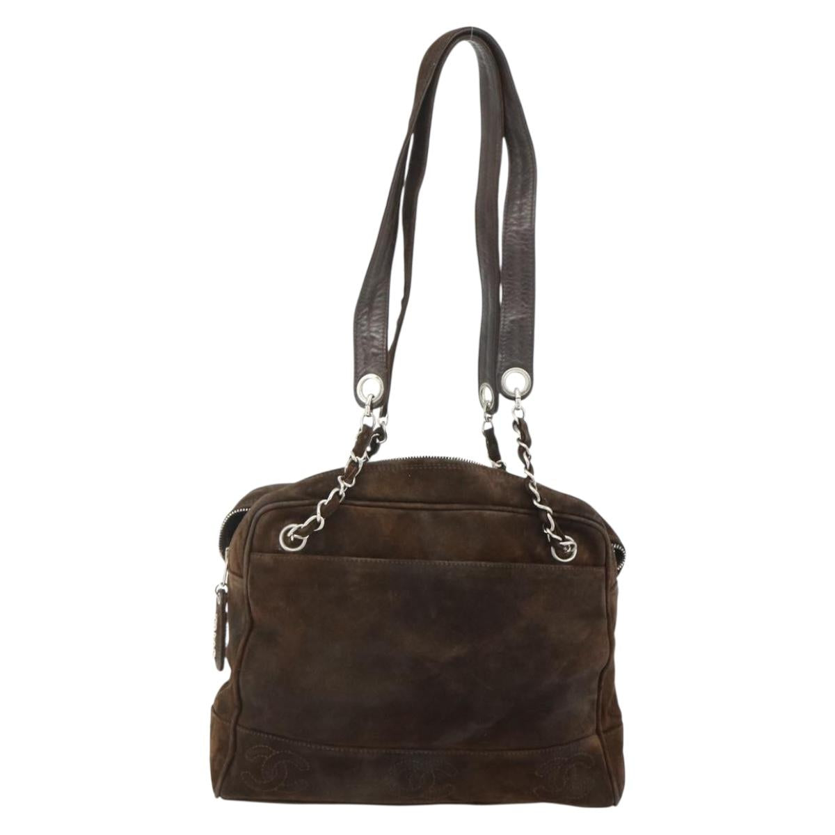 CHANEL Chain Shoulder Bag Suede Brown Silver CC Auth BA12605