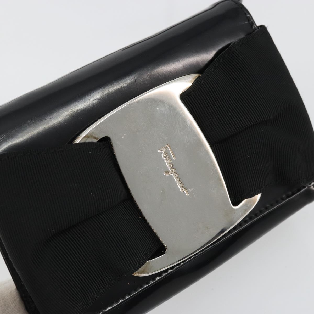 Salvatore Ferragamo Vara Ribbon Bag Patent Leather Black Silver Auth BA12606