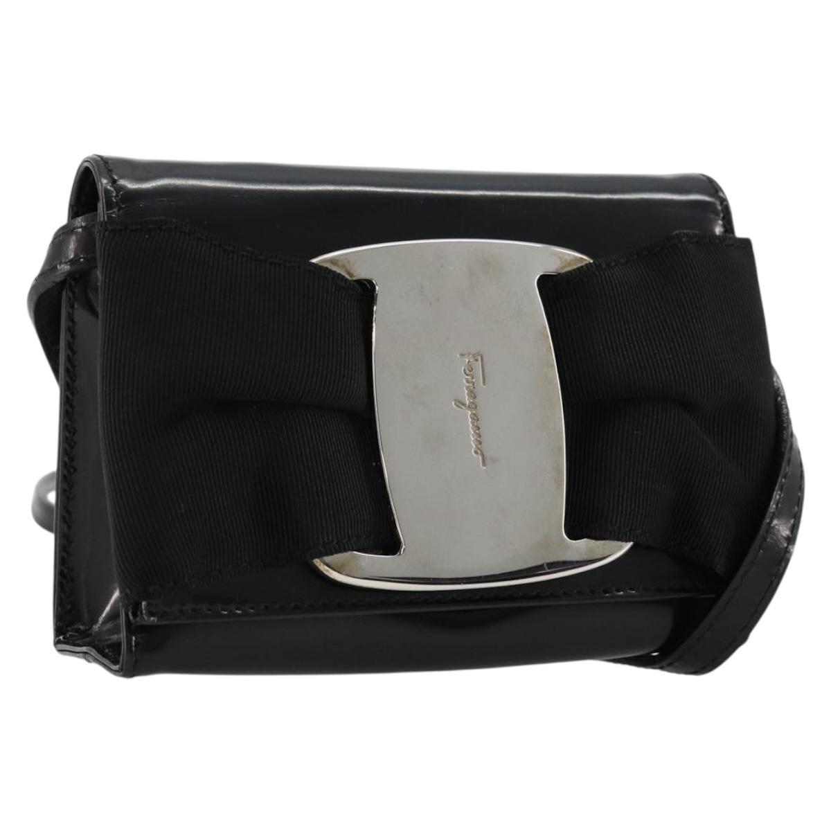 Salvatore Ferragamo Vara Ribbon Bag Patent Leather Black Silver Auth BA12606