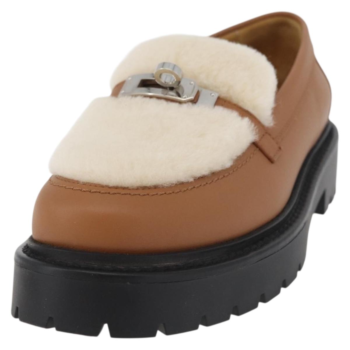 HERMES Kelly Belt Moccasin Loafers Shoes Leather Brown Silver Auth BA12632V