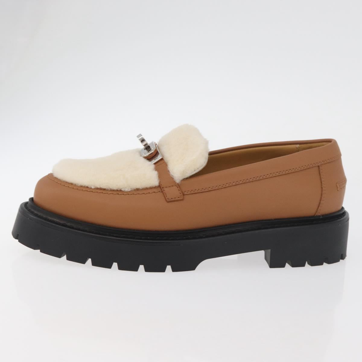 HERMES Kelly Belt Moccasin Loafers Shoes Leather Brown Silver Auth BA12632V