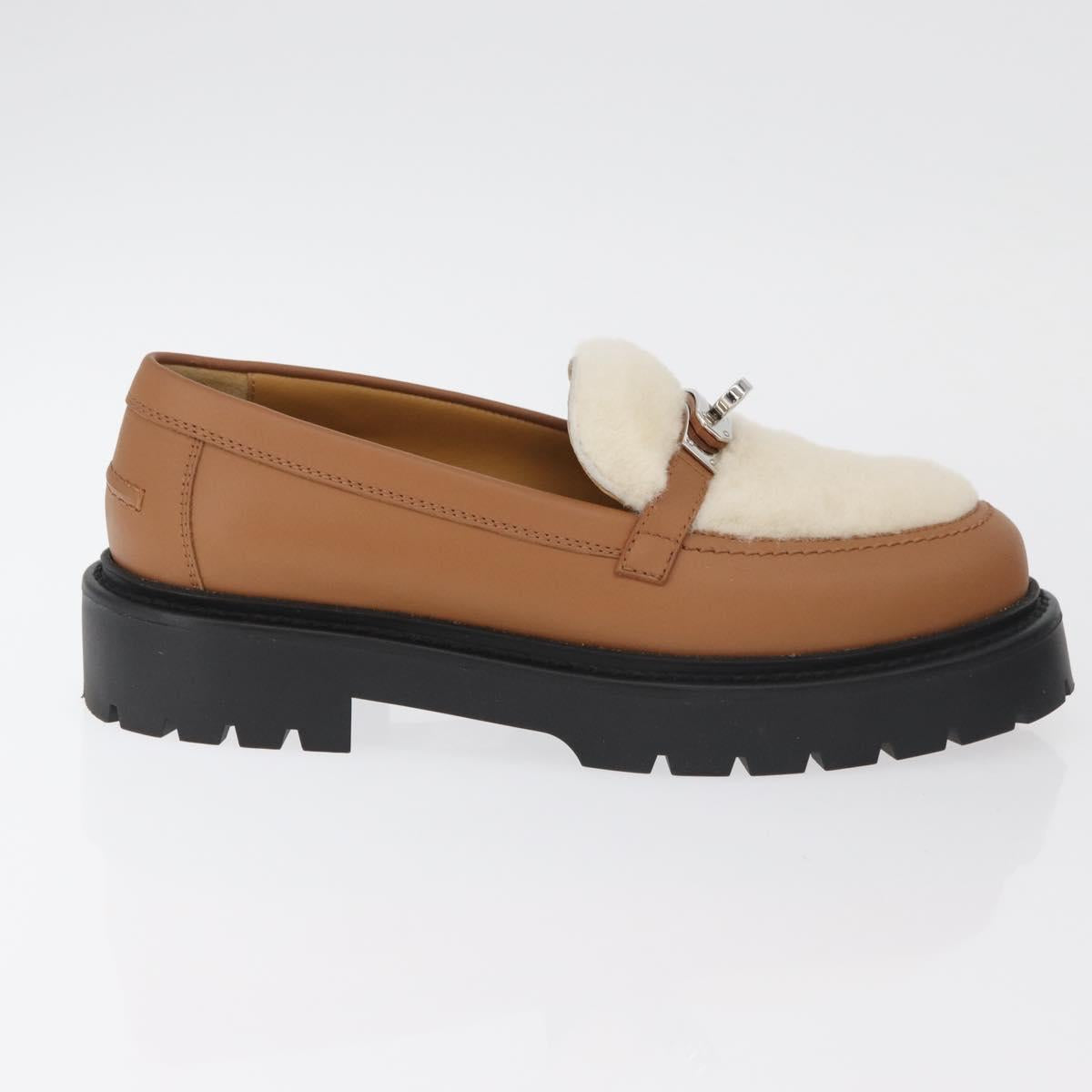 HERMES Kelly Belt Moccasin Loafers Shoes Leather Brown Silver Auth BA12632V