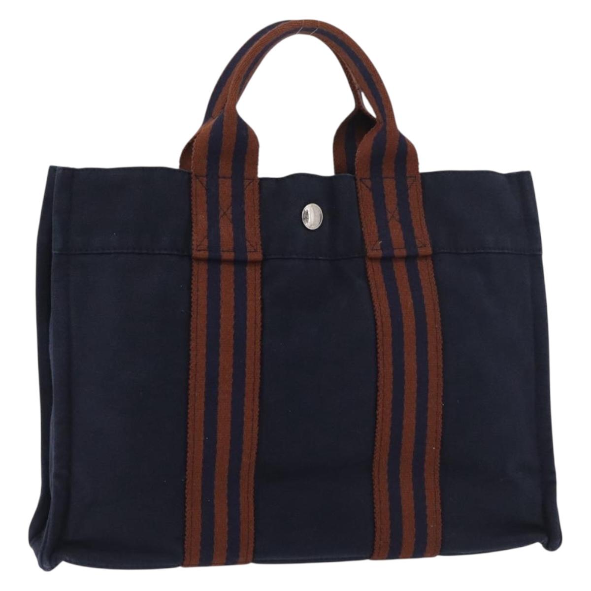 HERMES Fourre Tout PM Hand Bag Canvas Brown Navy Auth BA12639A