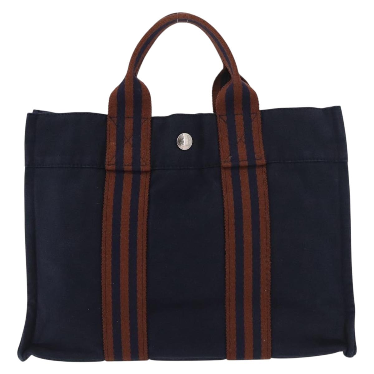 HERMES Fourre Tout PM Hand Bag Canvas Brown Navy Auth BA12639A
