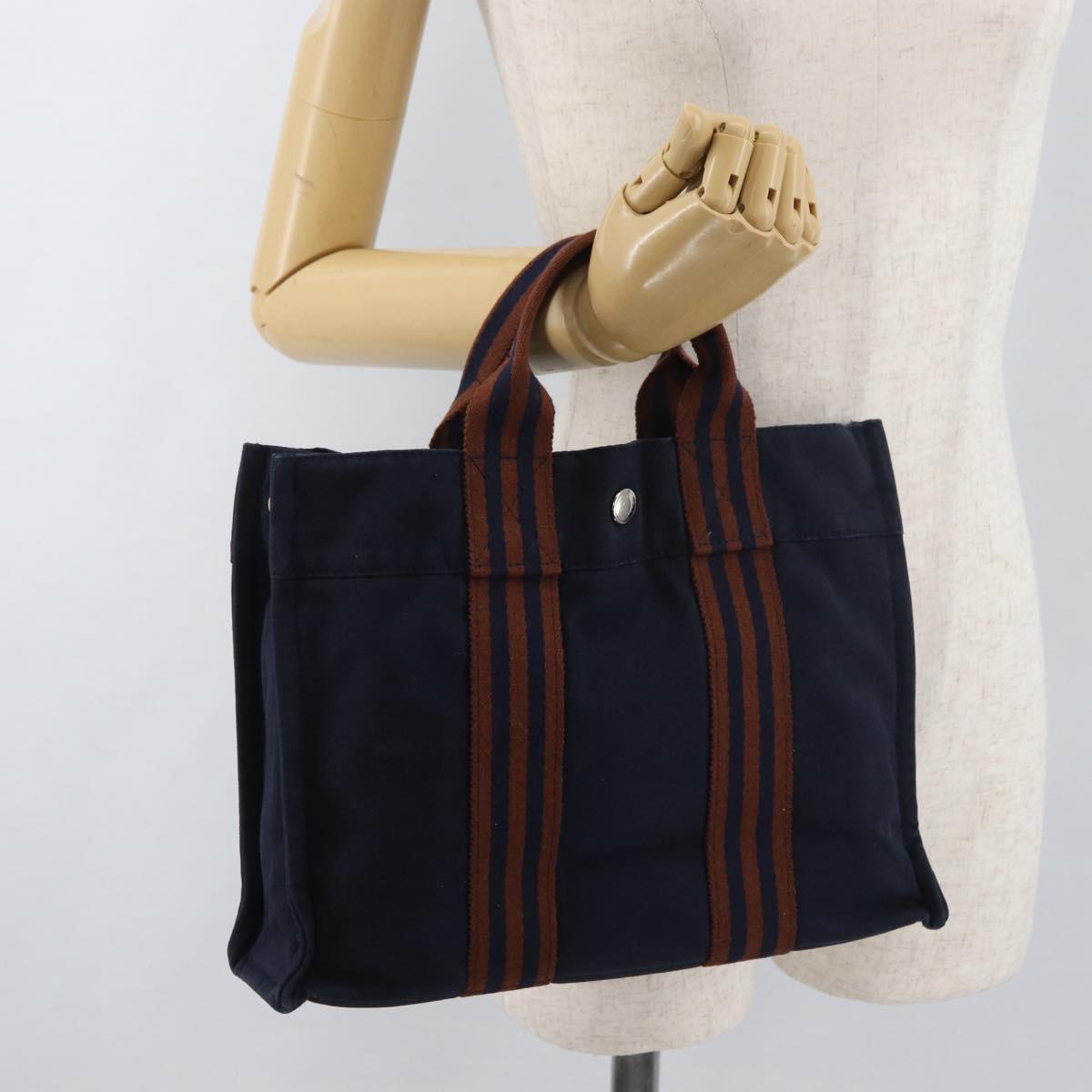 HERMES Fourre Tout PM Hand Bag Canvas Brown Navy Auth BA12639A