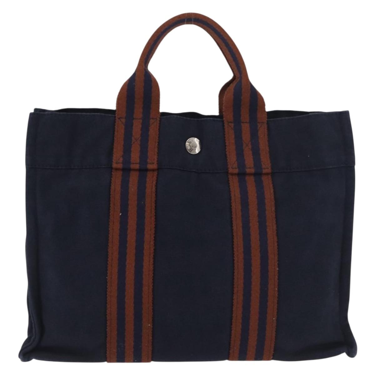 HERMES Fourre Tout PM Hand Bag Canvas Brown Navy Auth BA12639A
