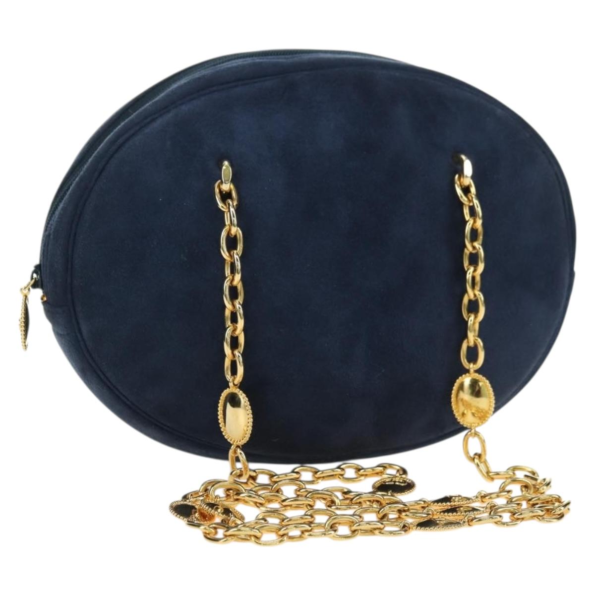 Christian Dior Chain Shoulder Bag Suede Navy Gold Auth BA12652V
