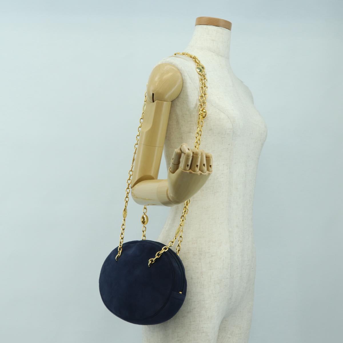 Christian Dior Chain Shoulder Bag Suede Navy Gold Auth BA12652V