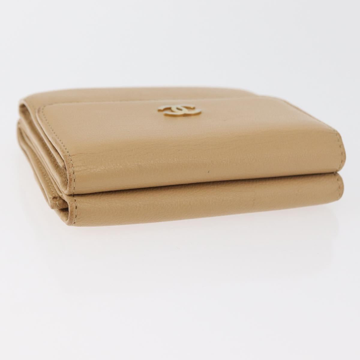 CHANEL Trifold Wallet Leather Beige Gold CC Auth BA12653