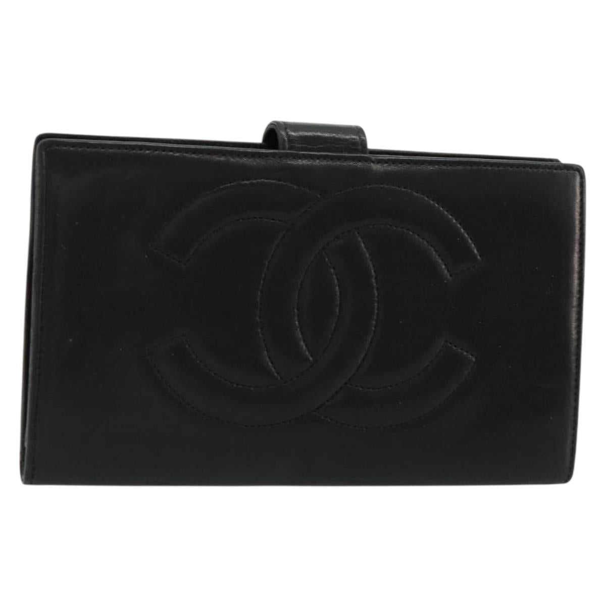 CHANEL Long Wallet Lamb Skin Black CC Auth BA12654A