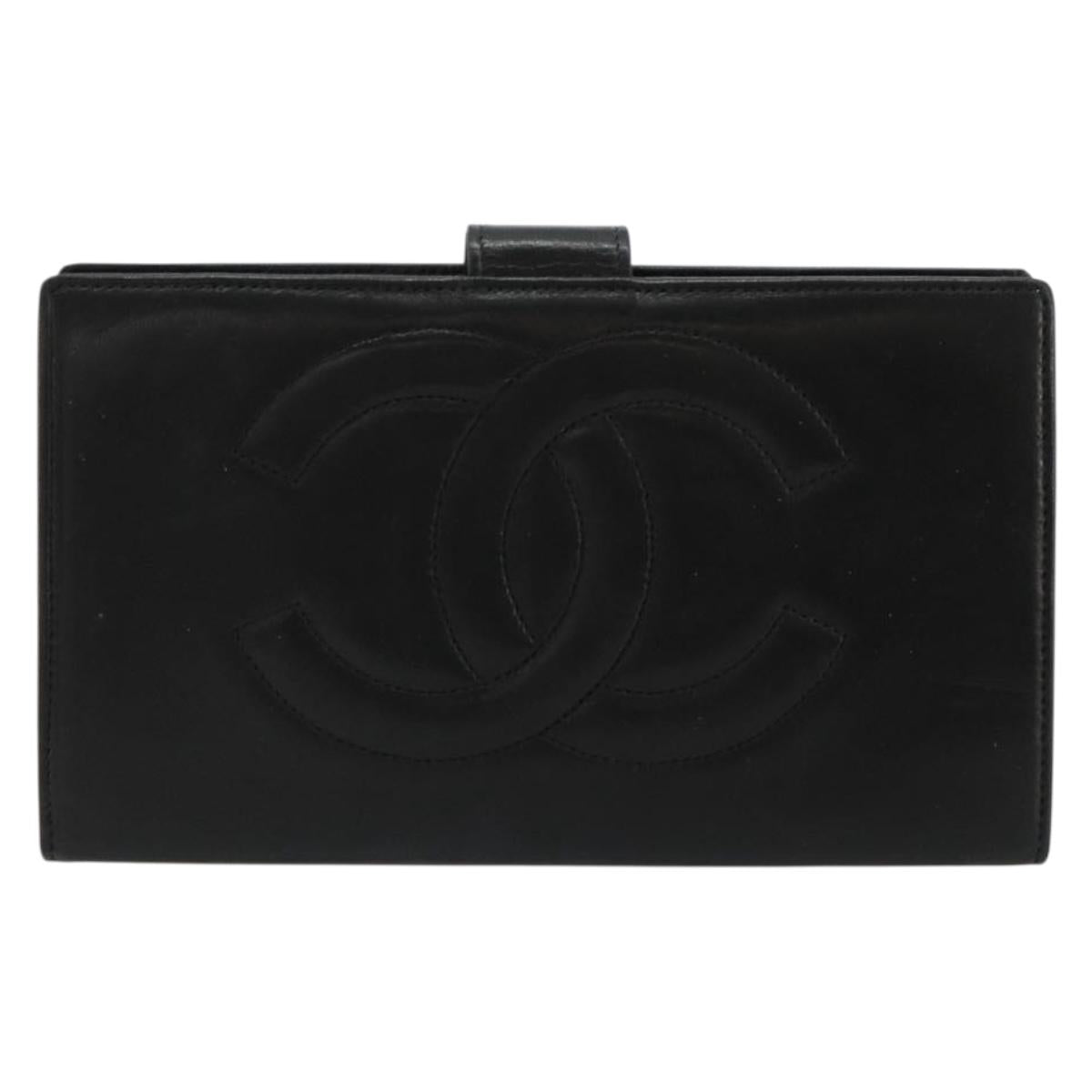 CHANEL Long Wallet Lamb Skin Black CC Auth BA12654A
