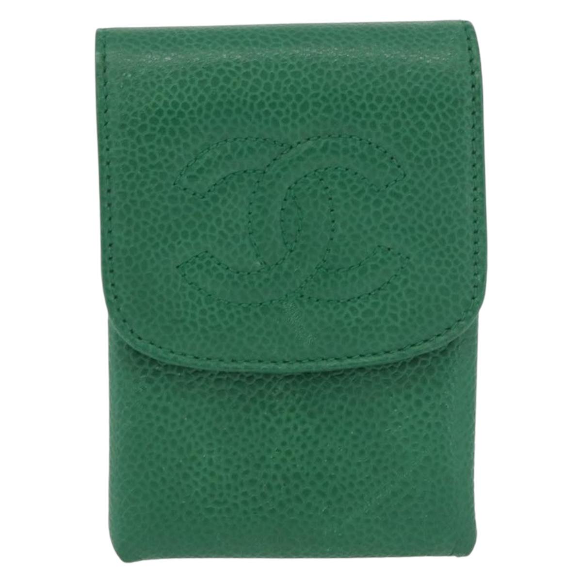 CHANEL Pouch Caviar Skin Green Gold CC Auth BA12655A