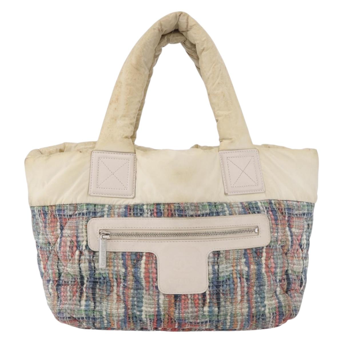 CHANEL Cococoon Hand Bag Nylon Beige Silver CC Auth BA12656