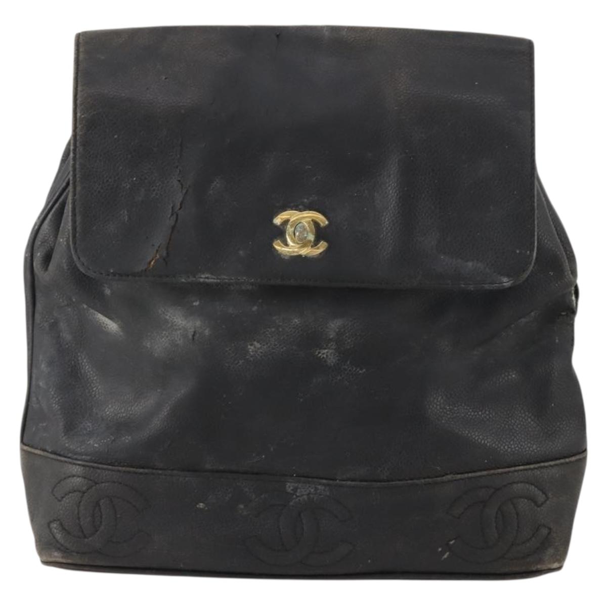 CHANEL Backpack Caviar Skin Black Silver CC Auth BA12657
